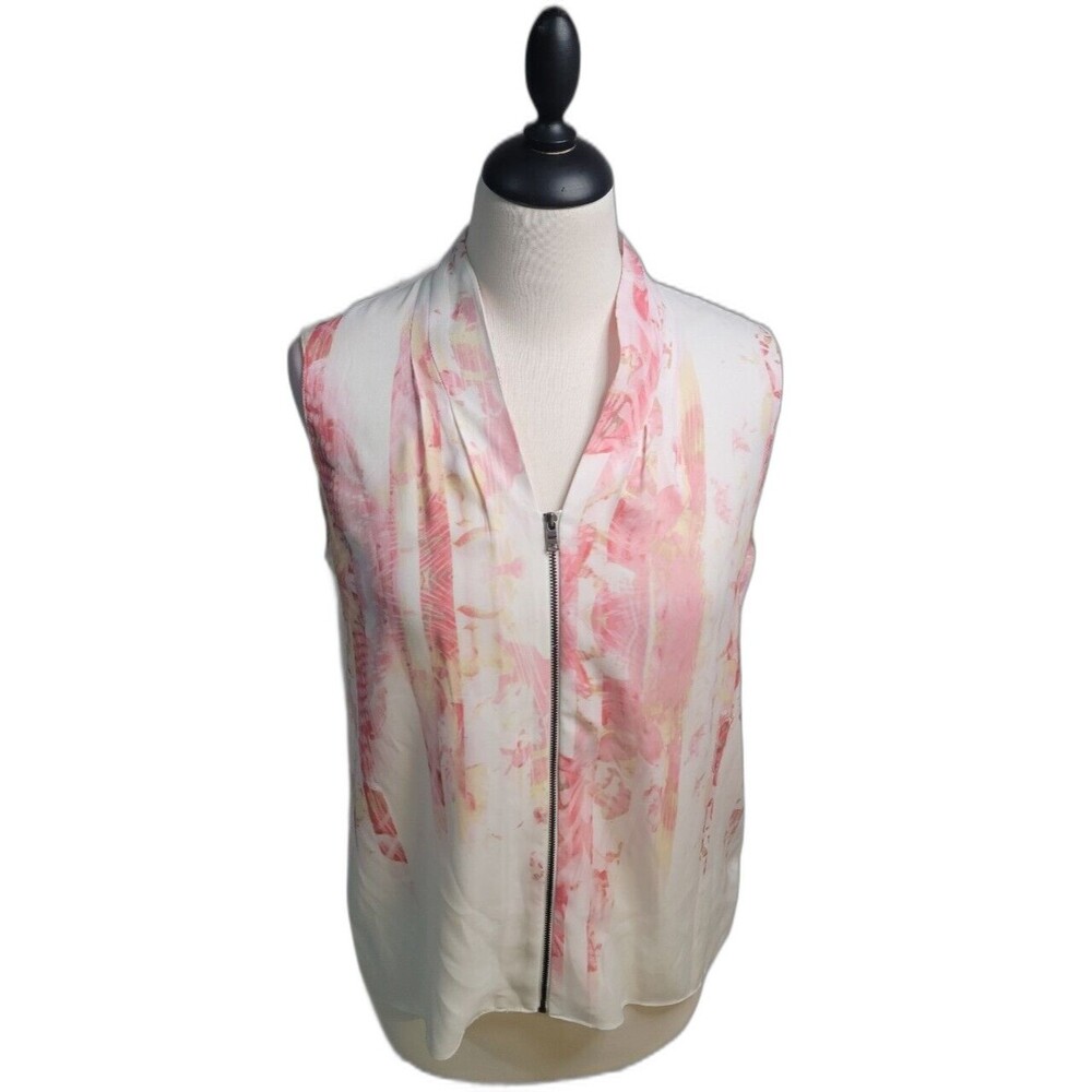 T. Tahari Carley Sleeveless Zip-Up Blouse size Sm Hi-Low Hem Pink White Floral